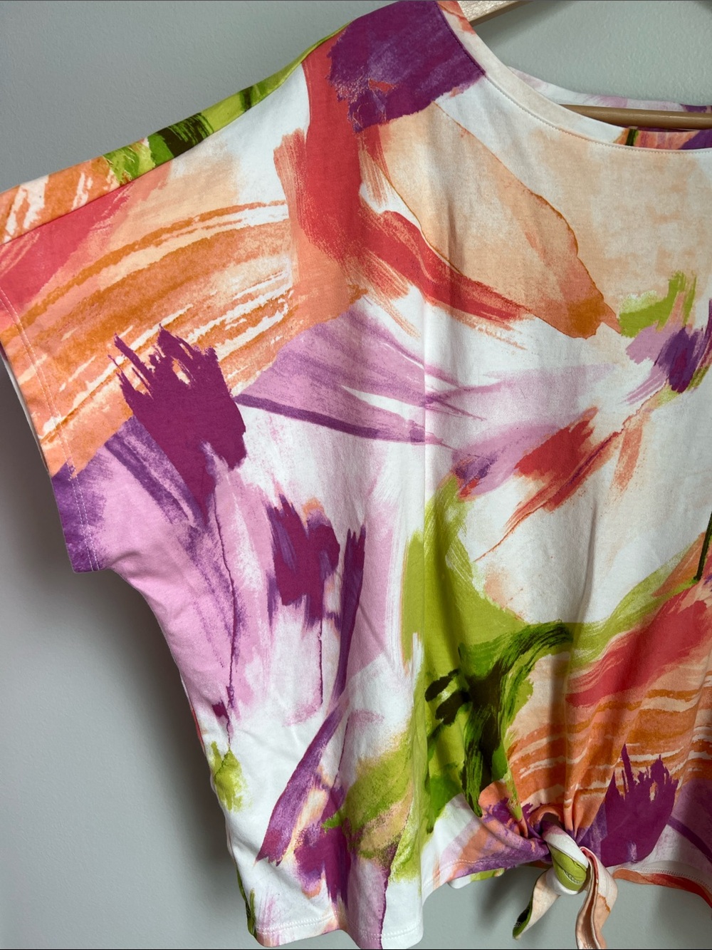 Chico's | White Boxy Tie-Front Cotton Top Pink Green Orange Brushstrokes Sz 3 - Picture 5 of 17